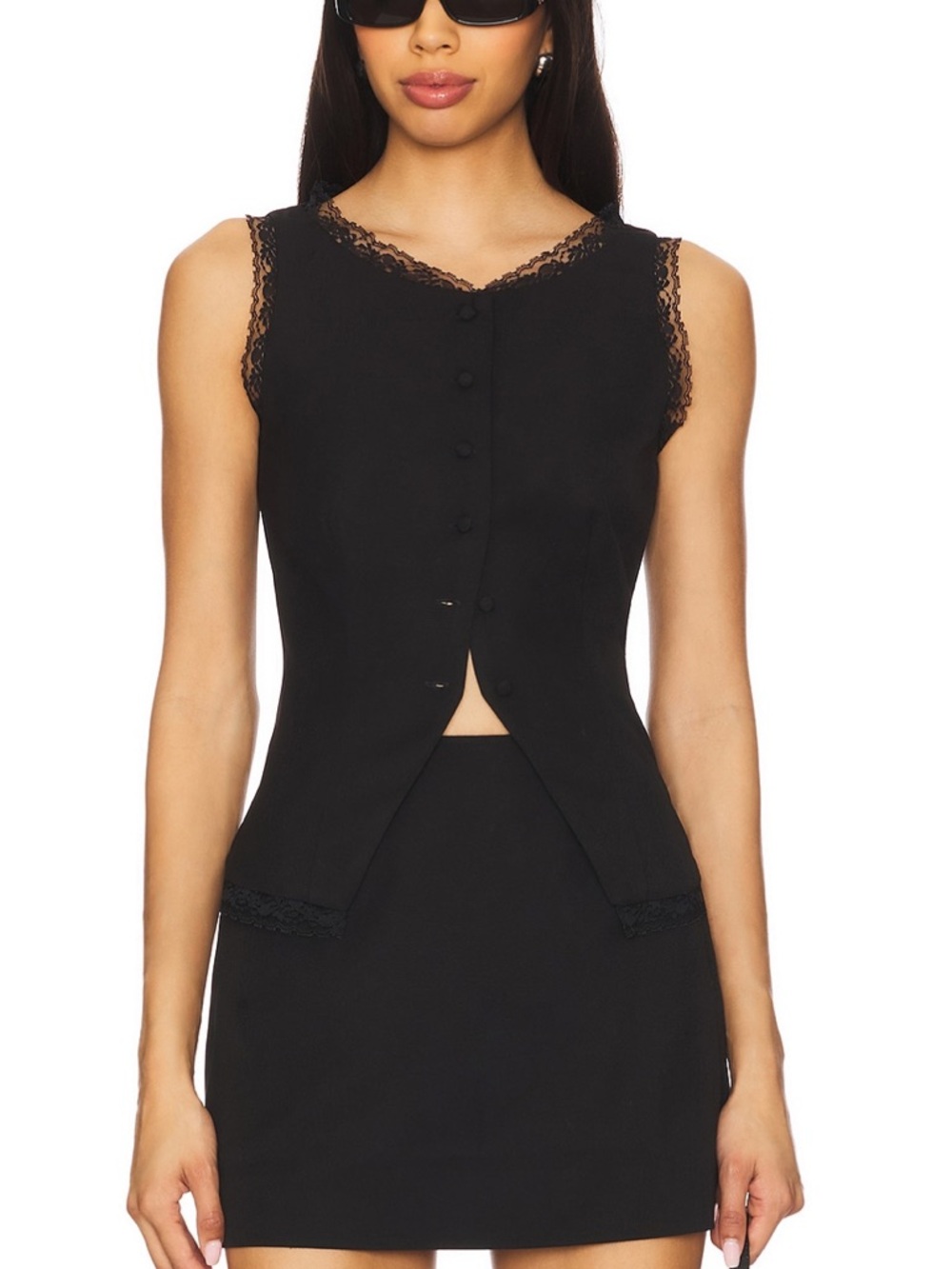 For Love & Lemons Black Shawna Lace-Trim Button-Front Vest